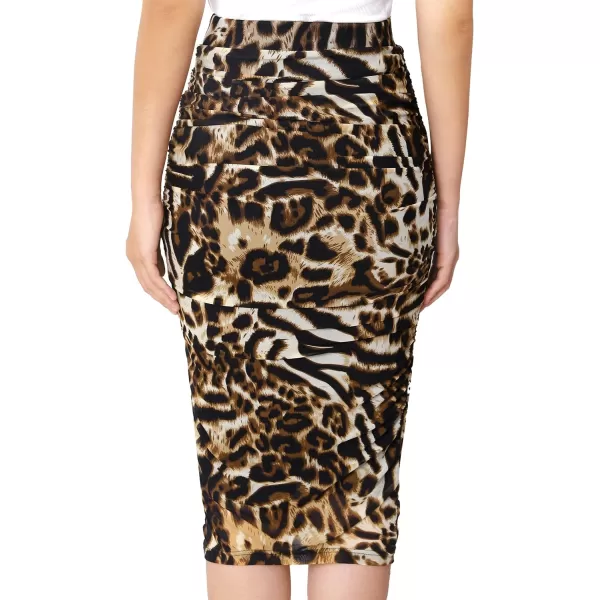 VFSHOW Womens Elegant Ruched Ruffle High Waist Casual Pencil Midi MidCalf SkirtLeopard Print3