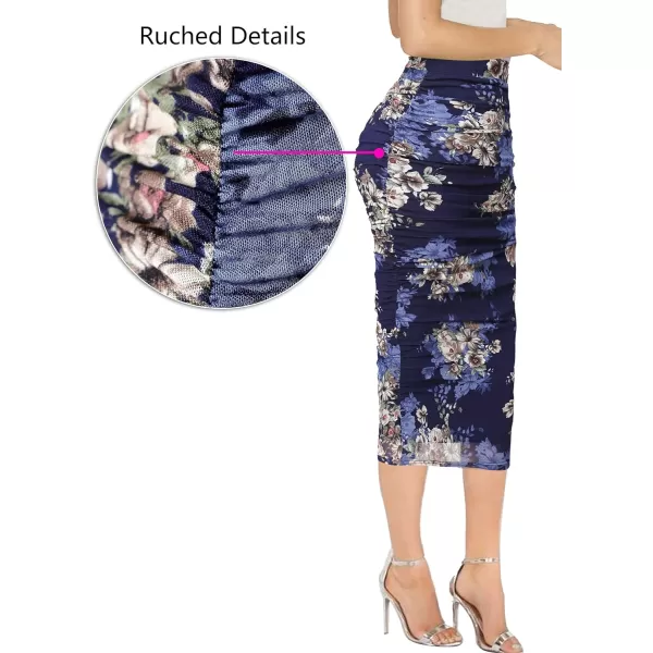 VFSHOW Womens Elegant Ruched Ruffle High Waist Casual Pencil Midi MidCalf SkirtNavy Blue Multi Floral Print2