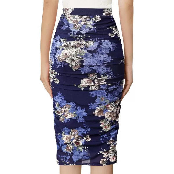 VFSHOW Womens Elegant Ruched Ruffle High Waist Casual Pencil Midi MidCalf SkirtNavy Blue Multi Floral Print2