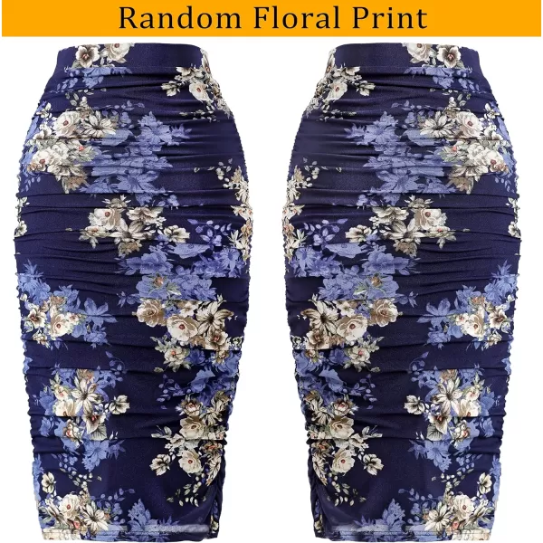 VFSHOW Womens Elegant Ruched Ruffle High Waist Casual Pencil Midi MidCalf SkirtNavy Blue Multi Floral Print2