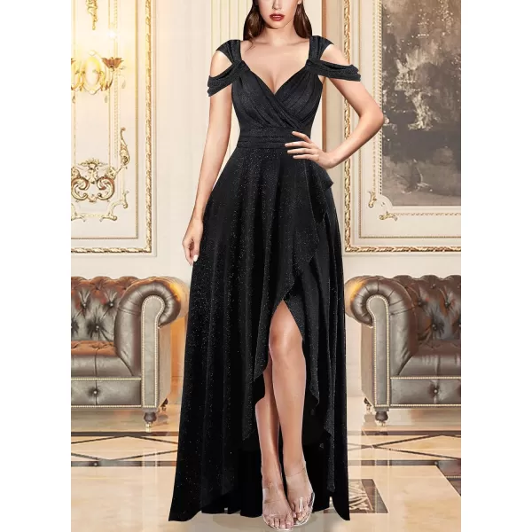 VFSHOW Womens Formal Prom Sexy Deep V Neck Ruched Backless ALine Maxi Dress 2023 Wedding Guest Evening Cold Shoulder GownSparkly Black