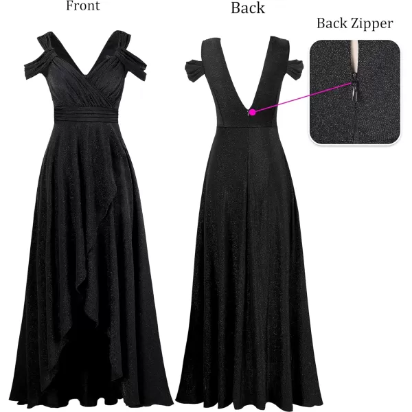 VFSHOW Womens Formal Prom Sexy Deep V Neck Ruched Backless ALine Maxi Dress 2023 Wedding Guest Evening Cold Shoulder GownSparkly Black