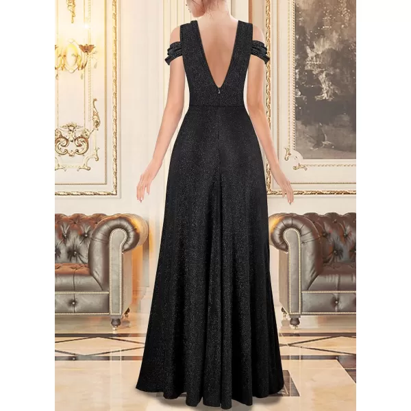 VFSHOW Womens Formal Prom Sexy Deep V Neck Ruched Backless ALine Maxi Dress 2023 Wedding Guest Evening Cold Shoulder GownSparkly Black