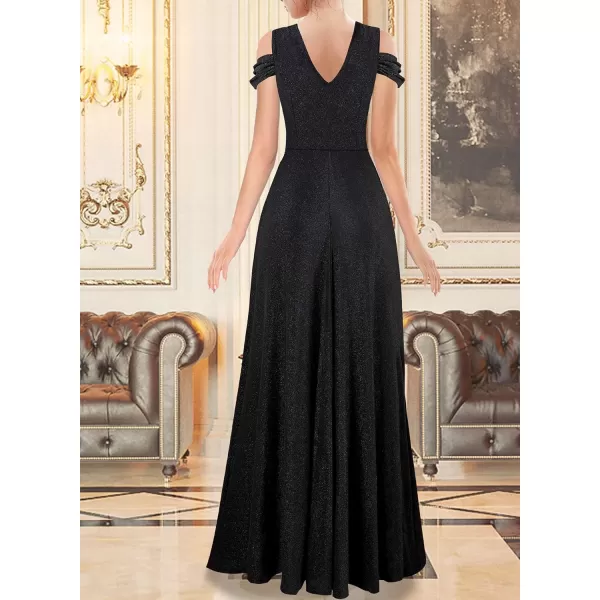 VFSHOW Womens Formal Prom Sexy Deep V Neck Ruched Backless ALine Maxi Dress 2023 Wedding Guest Evening Cold Shoulder GownSparkly Black2