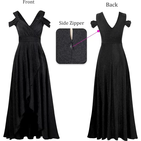 VFSHOW Womens Formal Prom Sexy Deep V Neck Ruched Backless ALine Maxi Dress 2023 Wedding Guest Evening Cold Shoulder GownSparkly Black2