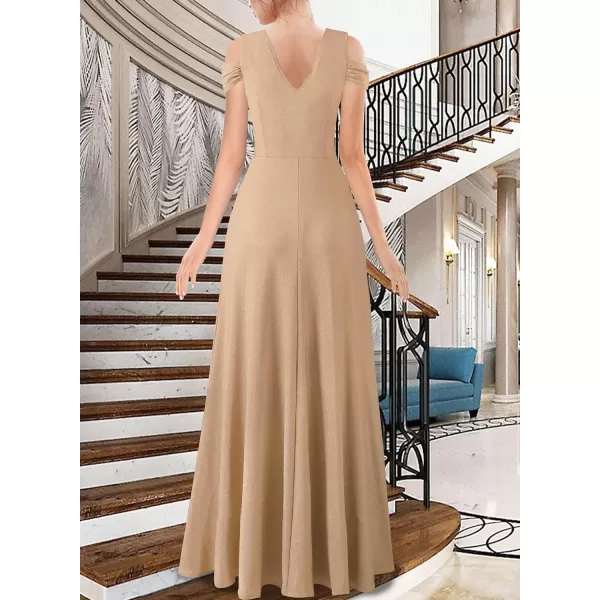 VFSHOW Womens Formal Prom Sexy Deep V Neck Ruched Backless ALine Maxi Dress 2023 Wedding Guest Evening Cold Shoulder GownSparkly Champagne