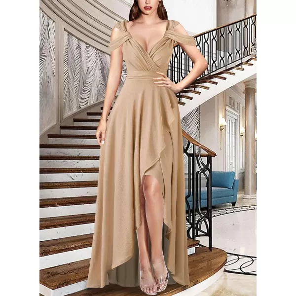 VFSHOW Womens Formal Prom Sexy Deep V Neck Ruched Backless ALine Maxi Dress 2023 Wedding Guest Evening Cold Shoulder GownSparkly Champagne