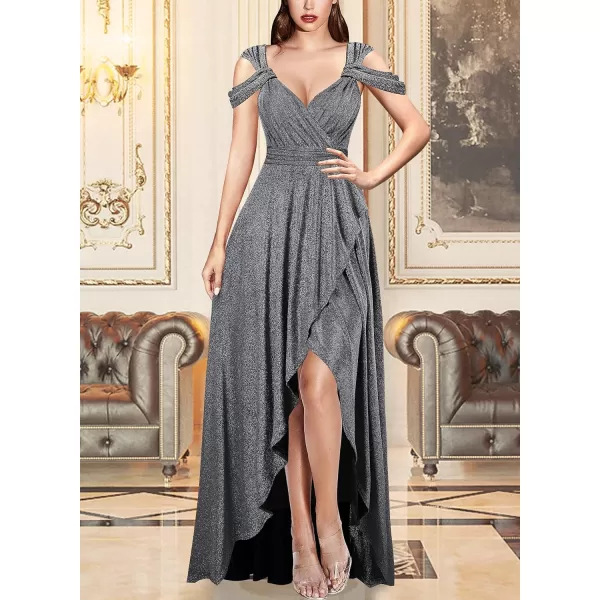 VFSHOW Womens Formal Prom Sexy Deep V Neck Ruched Backless ALine Maxi Dress 2023 Wedding Guest Evening Cold Shoulder GownSparkly Silvery Grey