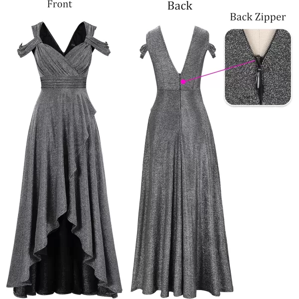 VFSHOW Womens Formal Prom Sexy Deep V Neck Ruched Backless ALine Maxi Dress 2023 Wedding Guest Evening Cold Shoulder GownSparkly Silvery Grey