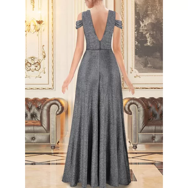 VFSHOW Womens Formal Prom Sexy Deep V Neck Ruched Backless ALine Maxi Dress 2023 Wedding Guest Evening Cold Shoulder GownSparkly Silvery Grey