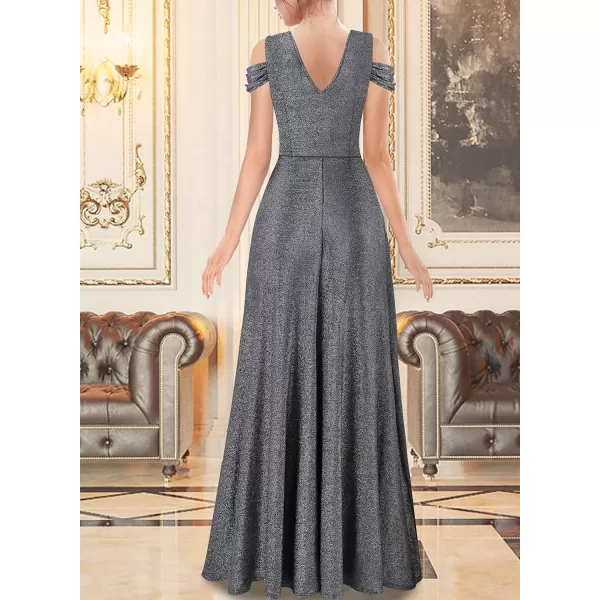 VFSHOW Womens Formal Prom Sexy Deep V Neck Ruched Backless ALine Maxi Dress 2023 Wedding Guest Evening Cold Shoulder GownSparkly Silvery Grey2