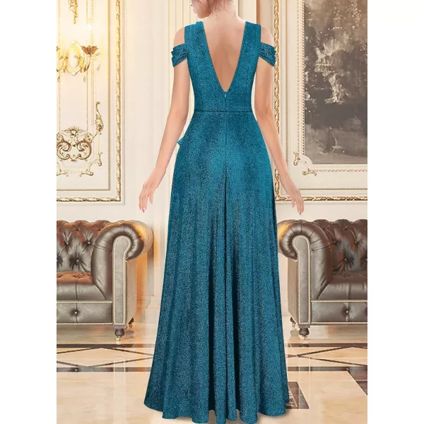 VFSHOW Womens Formal Prom Sexy Deep V Neck Ruched Backless ALine Maxi Dress 2023 Wedding Guest Evening Cold Shoulder GownSparkly Teal Blue