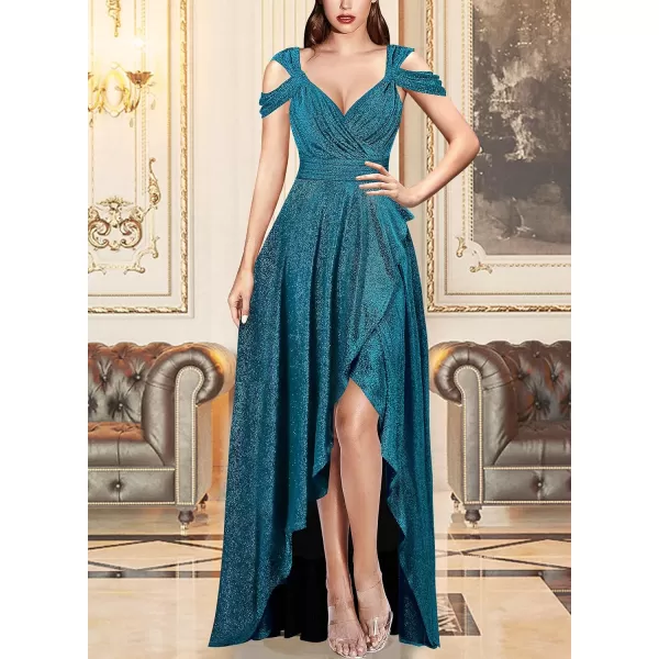 VFSHOW Womens Formal Prom Sexy Deep V Neck Ruched Backless ALine Maxi Dress 2023 Wedding Guest Evening Cold Shoulder GownSparkly Teal Blue