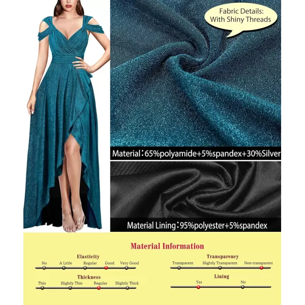 VFSHOW Womens Formal Prom Sexy Deep V Neck Ruched Backless ALine Maxi Dress 2023 Wedding Guest Evening Cold Shoulder GownSparkly Teal Blue