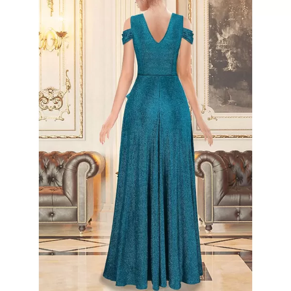 VFSHOW Womens Formal Prom Sexy Deep V Neck Ruched Backless ALine Maxi Dress 2023 Wedding Guest Evening Cold Shoulder GownSparkly Teal Blue2