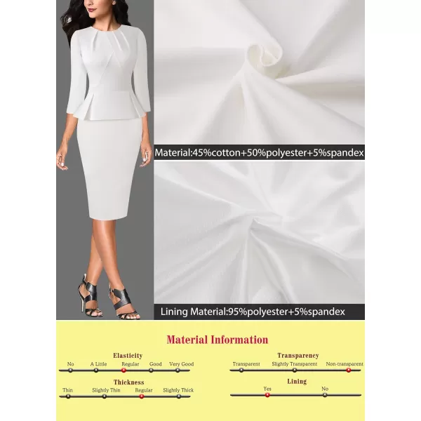 VFSHOW Womens Pleated Crew Neck Peplum Work Office Business Bodycon Sheath DressOffwhite 34 Sleeve