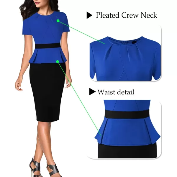 VFSHOW Womens Pleated Crew Neck Peplum Work Office Business Bodycon Sheath DressRoyal Blue and Black2