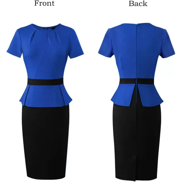 VFSHOW Womens Pleated Crew Neck Peplum Work Office Business Bodycon Sheath DressRoyal Blue and Black2