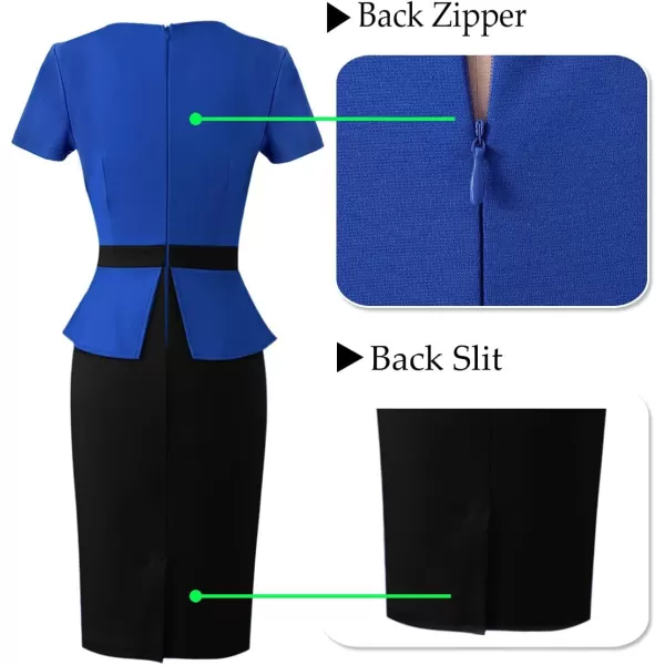 VFSHOW Womens Pleated Crew Neck Peplum Work Office Business Bodycon Sheath DressRoyal Blue and Black2