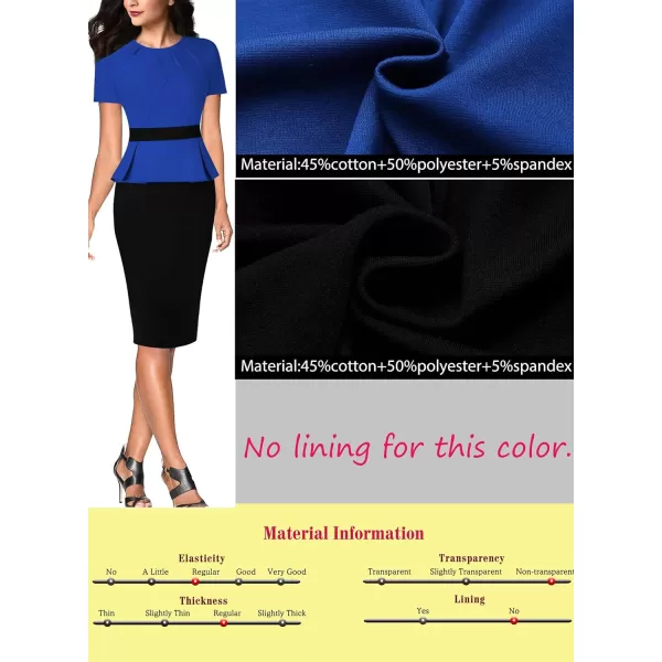 VFSHOW Womens Pleated Crew Neck Peplum Work Office Business Bodycon Sheath DressRoyal Blue and Black2