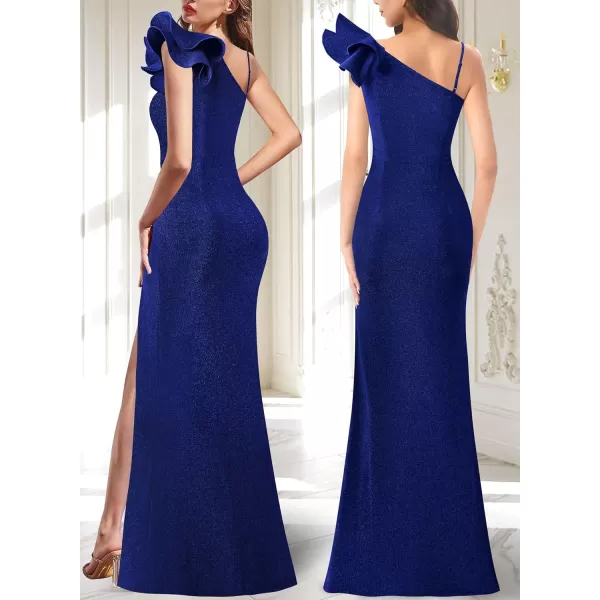 VFSHOW Womens Ruffle One Shoulder Strap Ruched Formal Prom Wedding Maxi Dress V Neck Elegant Split Cocktail Evening Long GownSparkly Blue2