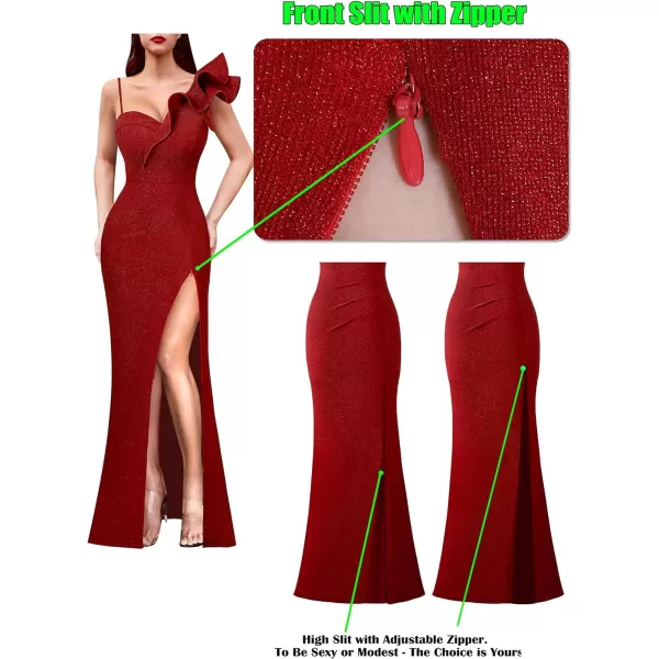 VFSHOW Womens Ruffle One Shoulder Strap Ruched Formal Prom Wedding Maxi Dress V Neck Elegant Split Cocktail Evening Long GownSparkly Red2