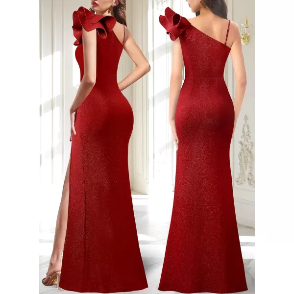 VFSHOW Womens Ruffle One Shoulder Strap Ruched Formal Prom Wedding Maxi Dress V Neck Elegant Split Cocktail Evening Long GownSparkly Red2