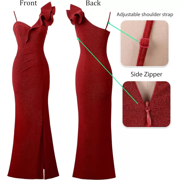 VFSHOW Womens Ruffle One Shoulder Strap Ruched Formal Prom Wedding Maxi Dress V Neck Elegant Split Cocktail Evening Long GownSparkly Red2