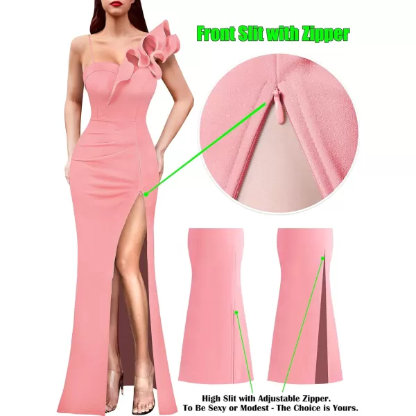 VFSHOW Womens Ruffle One Shoulder Strap Ruched Formal Prom Wedding Maxi Dress V Neck Elegant Split Cocktail Evening Long GownSparkly Salmon Pink