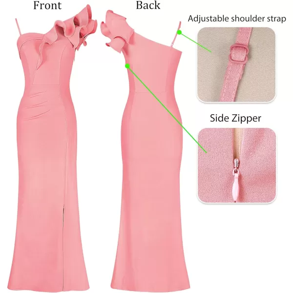 VFSHOW Womens Ruffle One Shoulder Strap Ruched Formal Prom Wedding Maxi Dress V Neck Elegant Split Cocktail Evening Long GownSparkly Salmon Pink