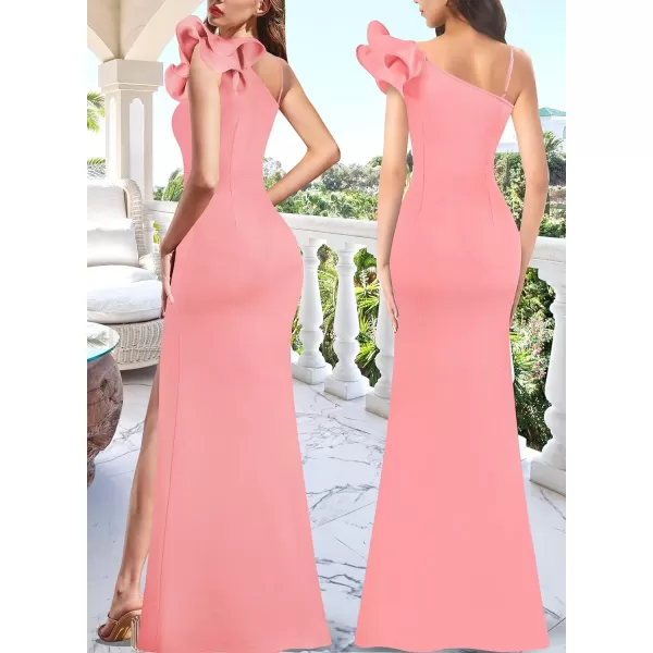 VFSHOW Womens Ruffle One Shoulder Strap Ruched Formal Prom Wedding Maxi Dress V Neck Elegant Split Cocktail Evening Long GownSparkly Salmon Pink