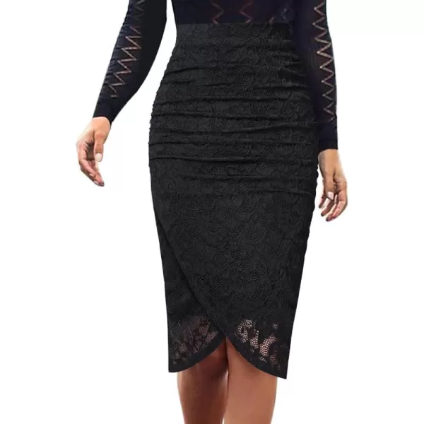 VFSHOW Womens Elegant Ruched Ruffle High Waist Casual Pencil Midi MidCalf SkirtBlack Floral Lace