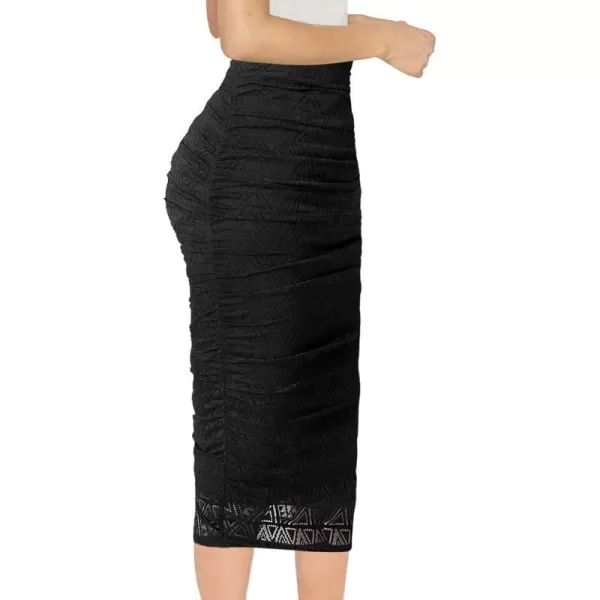 VFSHOW Womens Elegant Ruched Ruffle High Waist Casual Pencil Midi MidCalf SkirtBlack Geometric Lace