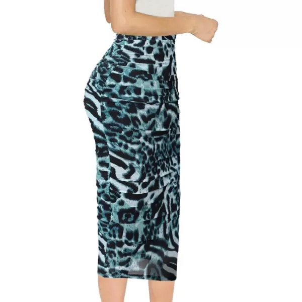 VFSHOW Womens Elegant Ruched Ruffle High Waist Casual Pencil Midi MidCalf SkirtBlue Leopard Print