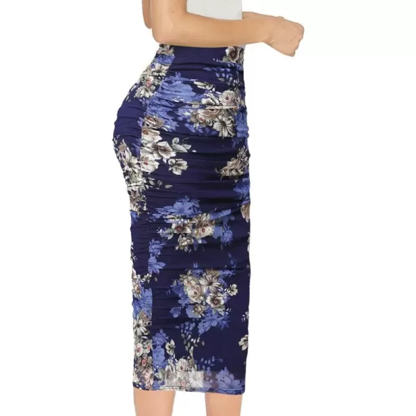 VFSHOW Womens Elegant Ruched Ruffle High Waist Casual Pencil Midi MidCalf SkirtNavy Blue Multi Floral Print2