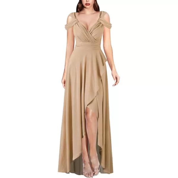 VFSHOW Womens Formal Prom Sexy Deep V Neck Ruched Backless ALine Maxi Dress 2023 Wedding Guest Evening Cold Shoulder GownSparkly Champagne