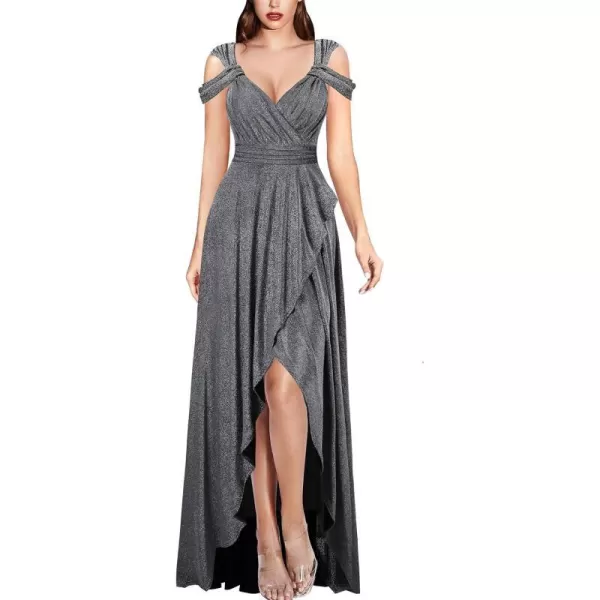 VFSHOW Womens Formal Prom Sexy Deep V Neck Ruched Backless ALine Maxi Dress 2023 Wedding Guest Evening Cold Shoulder GownSparkly Silvery Grey