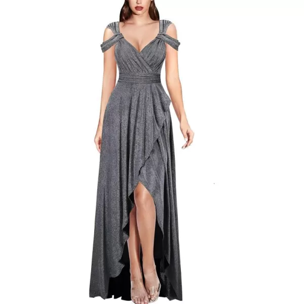 VFSHOW Womens Formal Prom Sexy Deep V Neck Ruched Backless ALine Maxi Dress 2023 Wedding Guest Evening Cold Shoulder GownSparkly Silvery Grey2