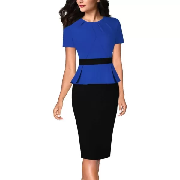 VFSHOW Womens Pleated Crew Neck Peplum Work Office Business Bodycon Sheath DressRoyal Blue and Black2