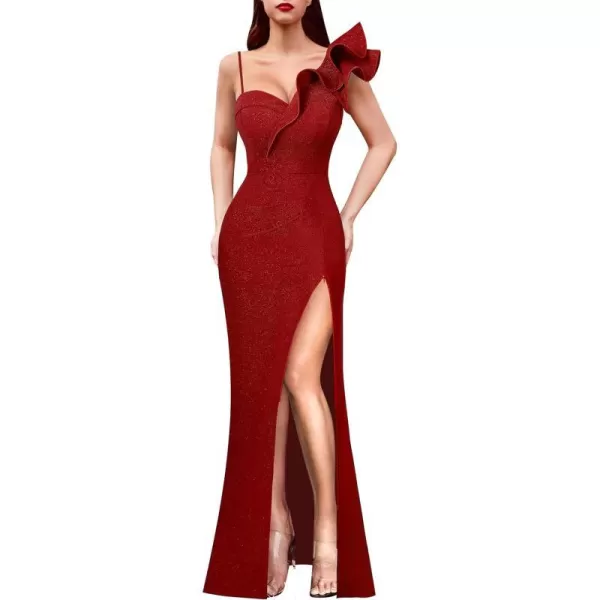 VFSHOW Womens Ruffle One Shoulder Strap Ruched Formal Prom Wedding Maxi Dress V Neck Elegant Split Cocktail Evening Long GownSparkly Red2