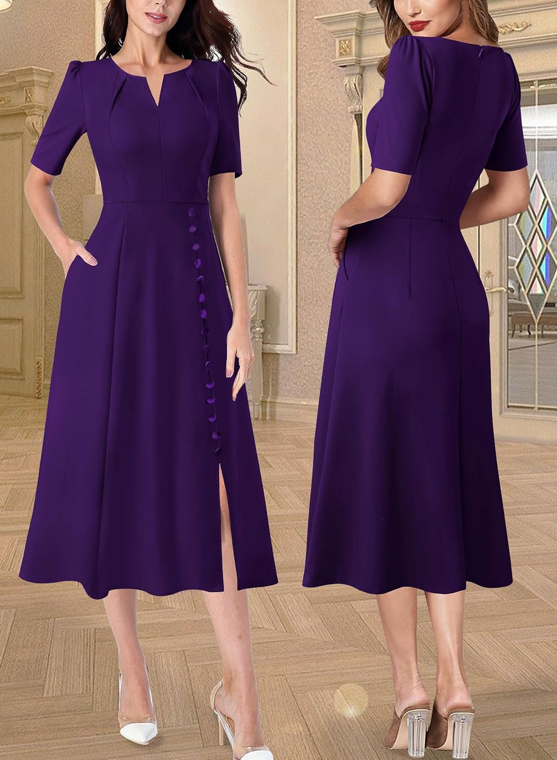 VFSHOW Woens Business Pleated Notch V Neck Buttons Sli Work Office Belted Pencil Sheath Dress