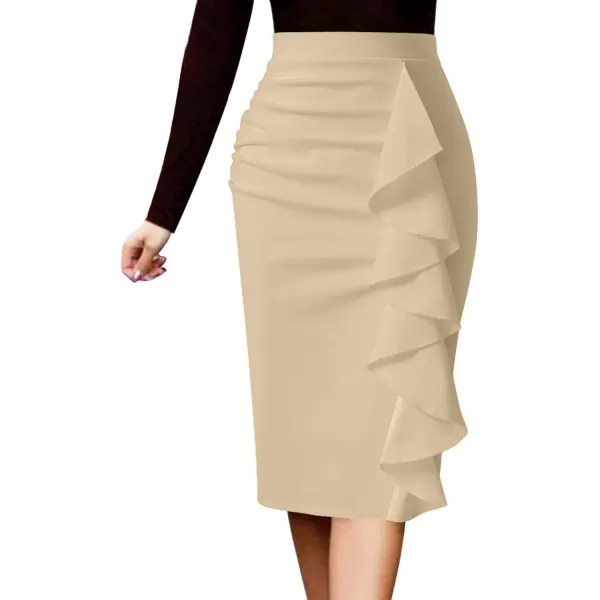 VFSHOW Women Elegant Ruched Ruffle Slit Work Business Party Pencil SkirtBeige