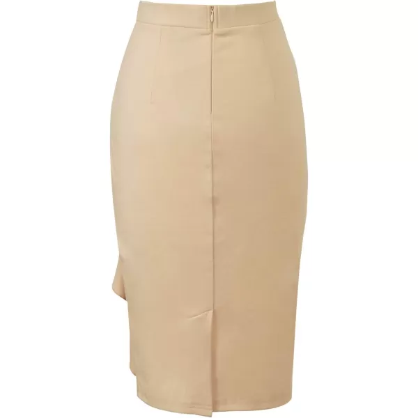 VFSHOW Women Elegant Ruched Ruffle Slit Work Business Party Pencil SkirtBeige