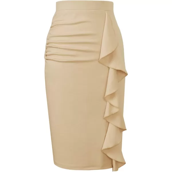 VFSHOW Women Elegant Ruched Ruffle Slit Work Business Party Pencil SkirtBeige