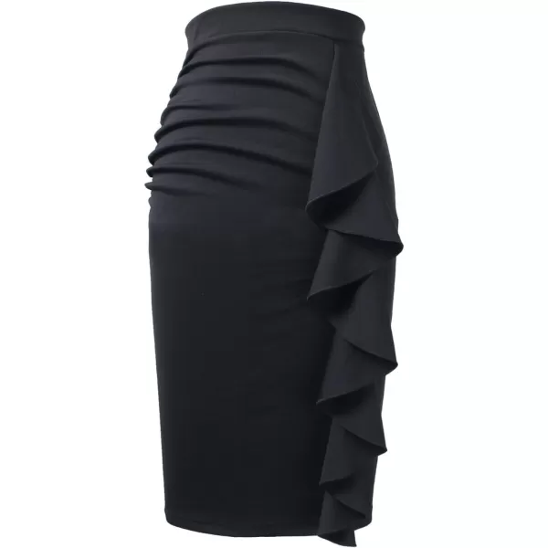 VFSHOW Women Elegant Ruched Ruffle Slit Work Business Party Pencil SkirtBlack3