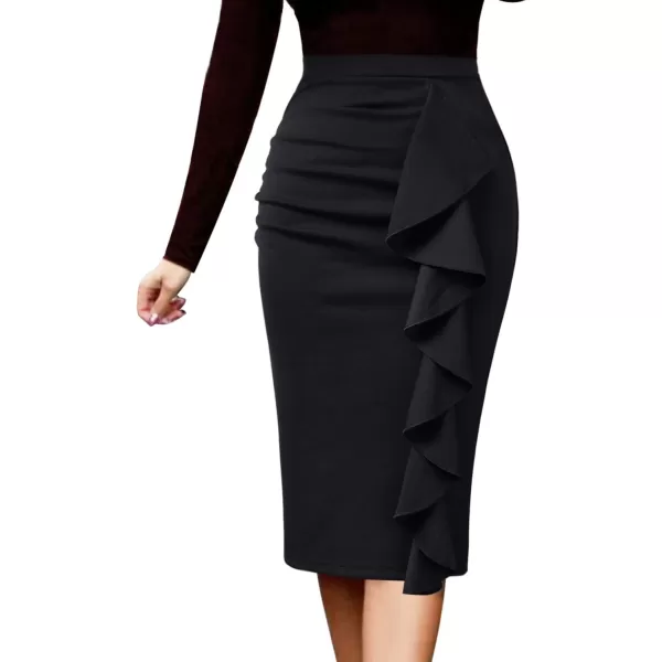 VFSHOW Women Elegant Ruched Ruffle Slit Work Business Party Pencil SkirtBlack3