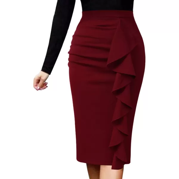 VFSHOW Women Elegant Ruched Ruffle Slit Work Business Party Pencil SkirtDark Red7