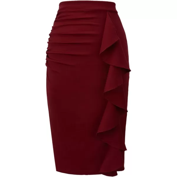 VFSHOW Women Elegant Ruched Ruffle Slit Work Business Party Pencil SkirtDark Red7