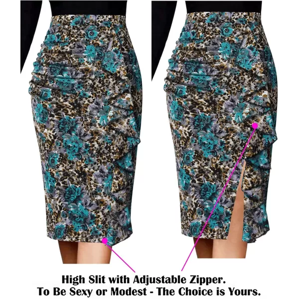 VFSHOW Women Elegant Ruched Ruffle Slit Work Business Party Pencil SkirtLace With Blue Leopard Floral Print