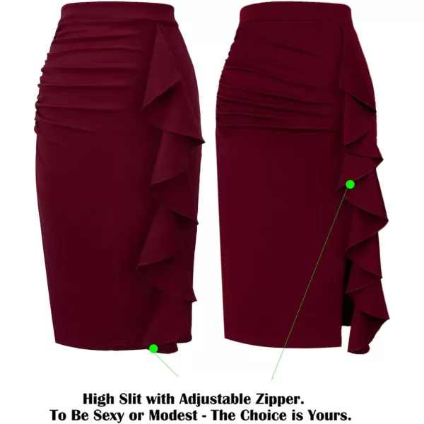 VFSHOW Women Elegant Ruched Ruffle Slit Work Business Party Pencil SkirtNew Dark Red